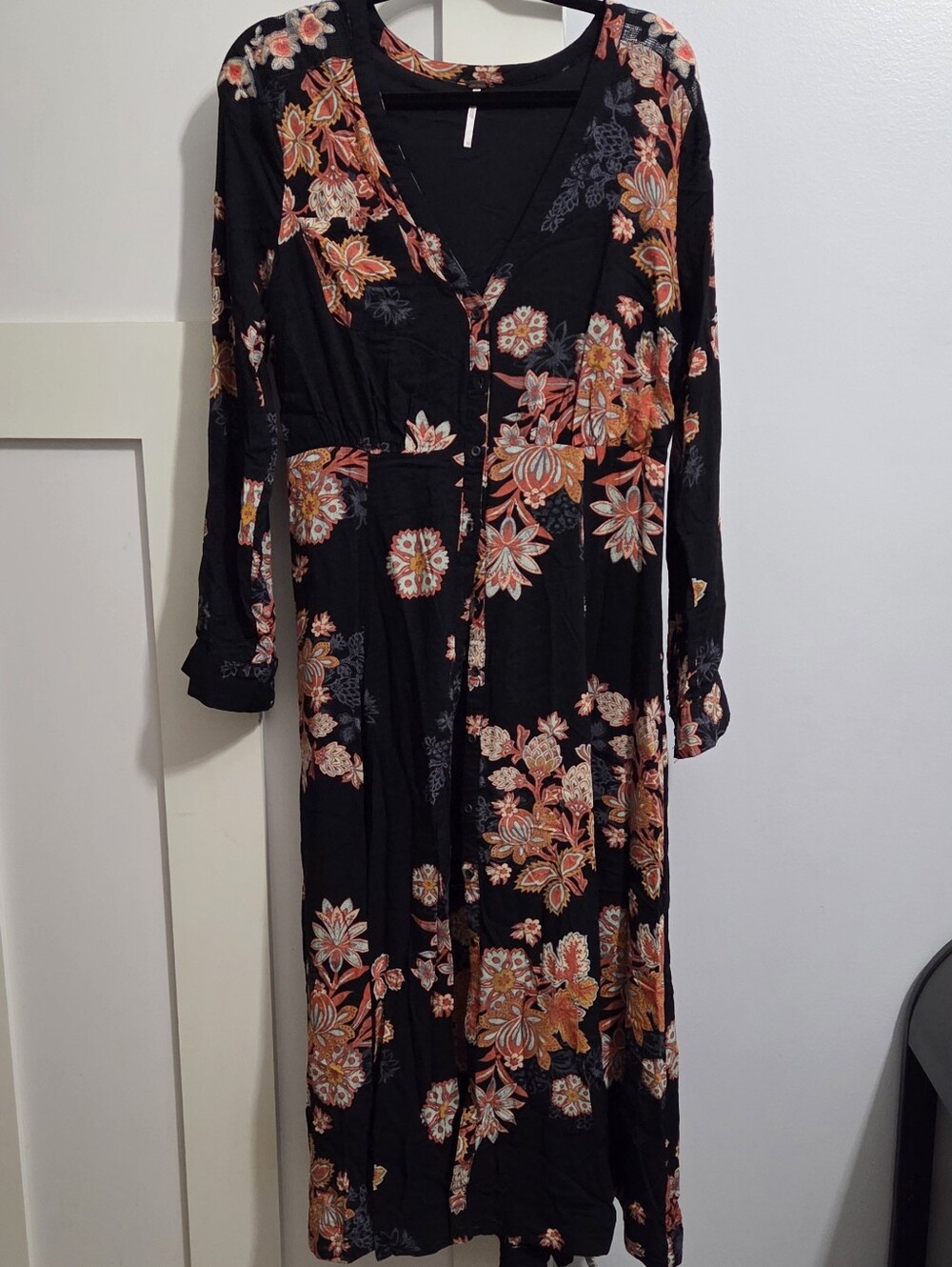 Free People Black Dress with Embroidery Orange, Pink & Yellow Floral Trim
